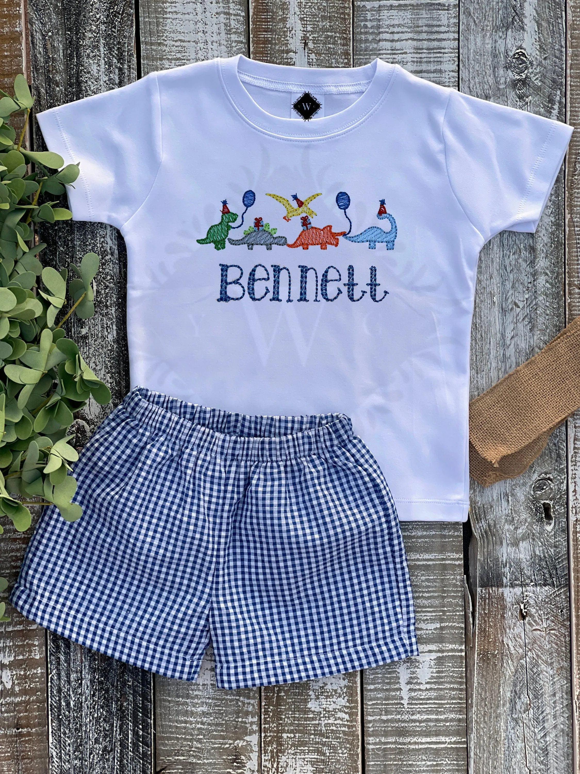 Personalized Boy Birthday Outfit, Custom Birthday Shirt and Short Set, Birthday Dinosaur Shirt, Baby Boy, Navy, Red, Blue Gingham Short Set