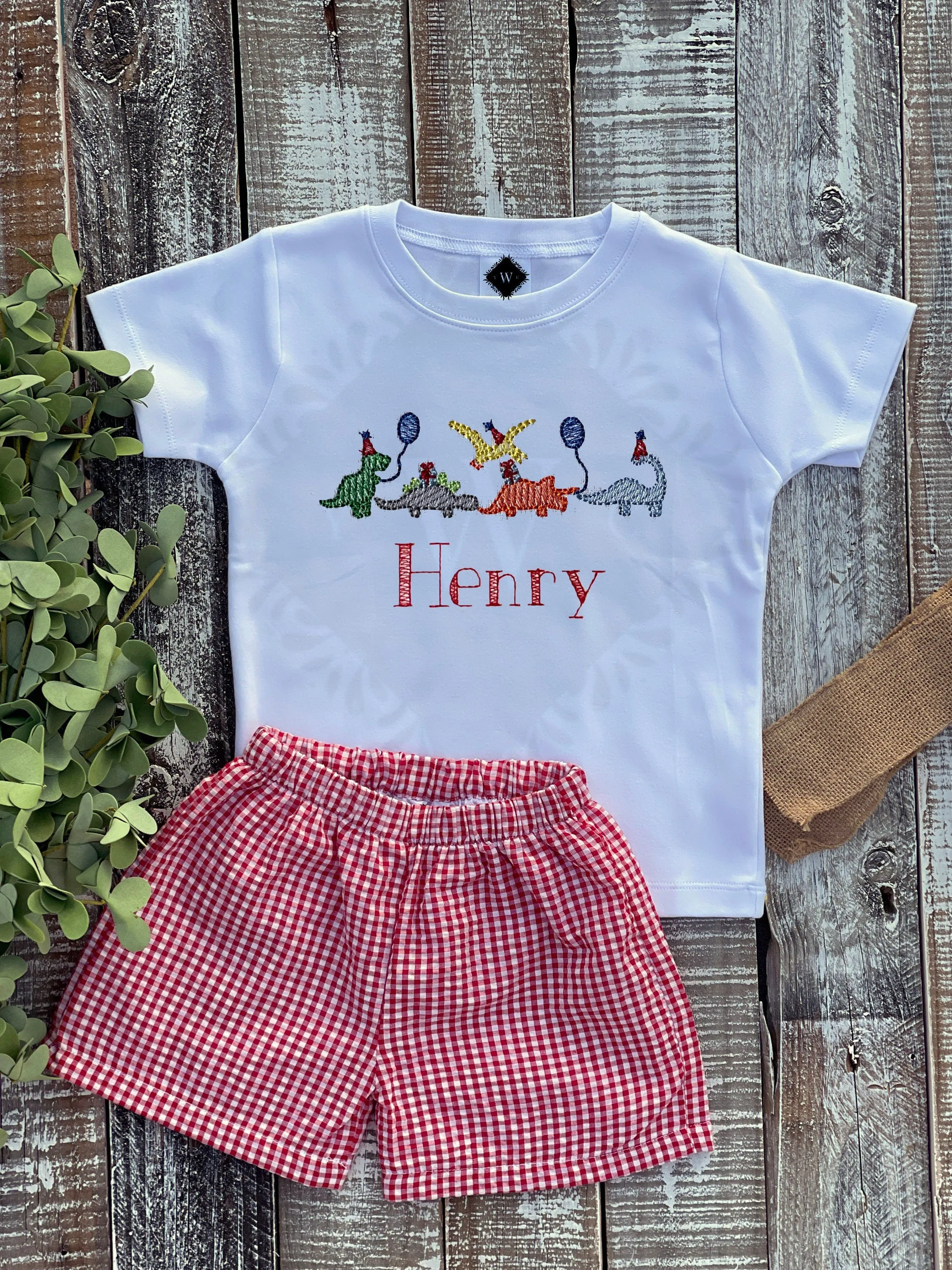 Personalized Boy Birthday Outfit, Custom Birthday Shirt and Short Set, Birthday Dinosaur Shirt, Baby Boy, Navy, Red, Blue Gingham Short Set