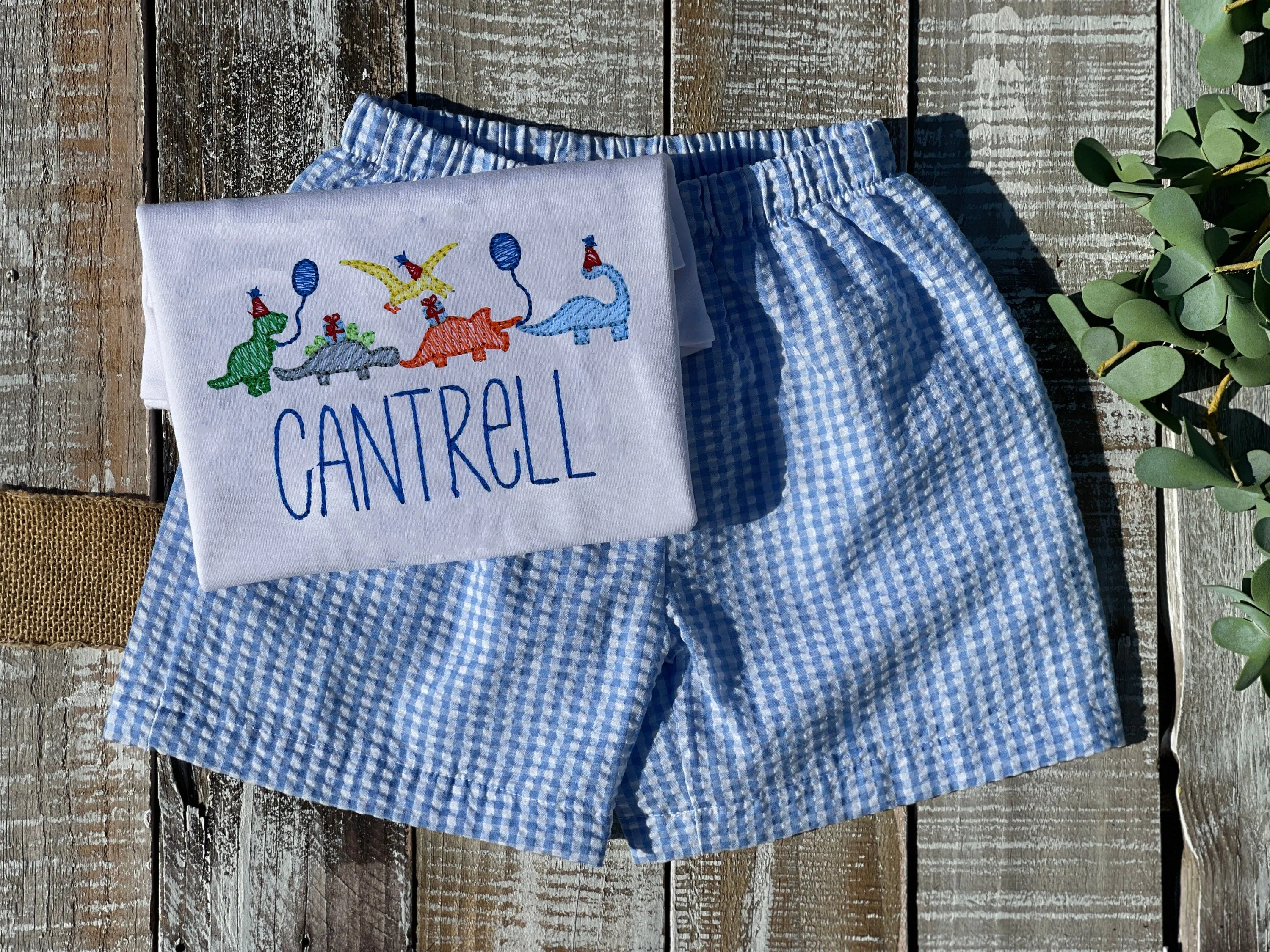 Personalized Boy Birthday Outfit, Custom Birthday Shirt and Short Set, Birthday Dinosaur Shirt, Baby Boy, Navy, Red, Blue Gingham Short Set