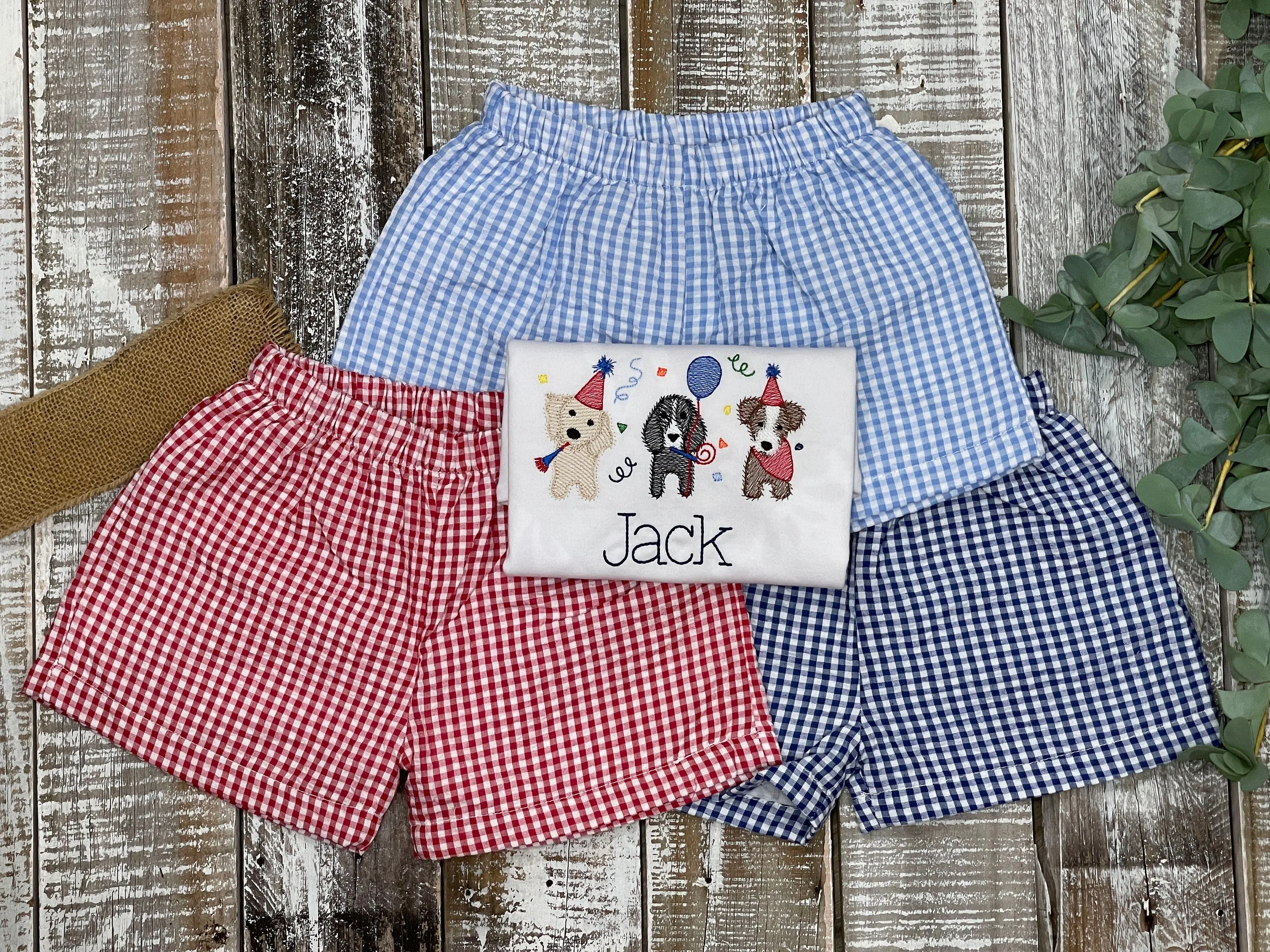 Personalized Boy Birthday Outfit, Custom Birthday Shirt and Short Set, Birthday Puppy Shirt, Baby Boy, Navy, Red, Blue Gingham Short Set