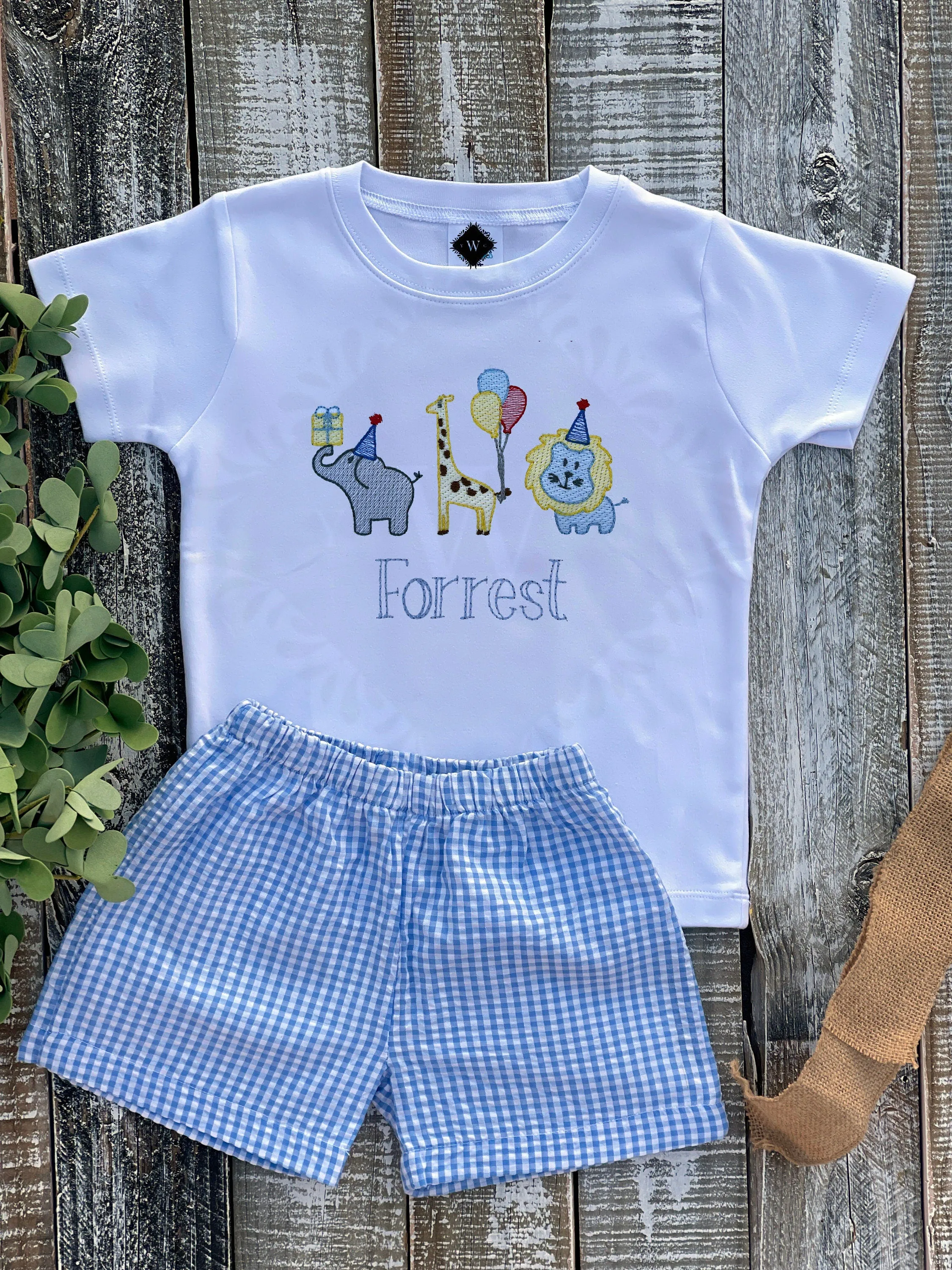Personalized Boy Birthday Outfit, Custom Birthday Shirt and Short Set, Birthday Safari Zoo Shirt, Baby Boy, Red, Blue Gingham Short Set